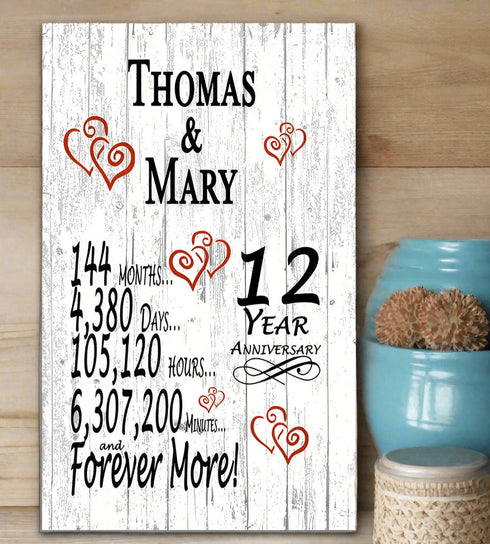 12th Anniversary Gift Personalized Sign 12 Years For Husband Wife or Couple