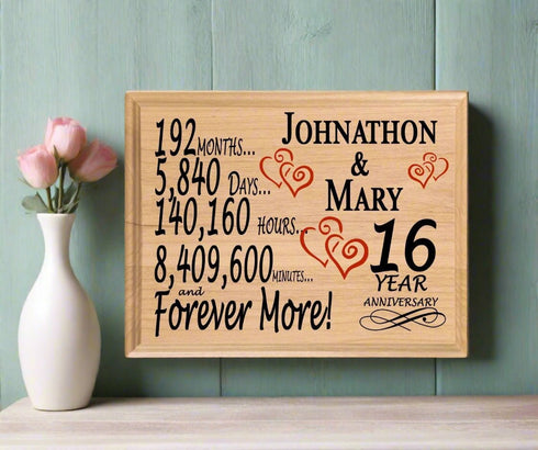 16th Anniversary Gift - Personalized Wood Plaque for Husband, Wife or Couple - 16 Year