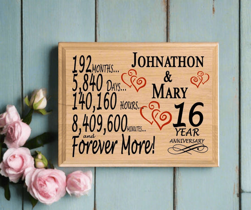 16th Anniversary Gift - Personalized Wood Plaque for Husband, Wife or Couple - 16 Year