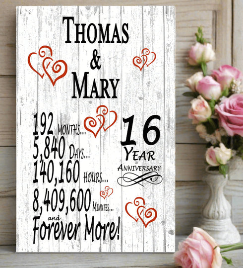 16 Year Anniversary Gift – Personalized 16th Anniversary Plaque with Custom Names