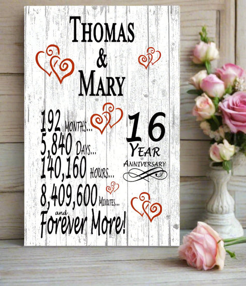 16 Year Anniversary Gift – Personalized 16th Anniversary Plaque with Custom Names