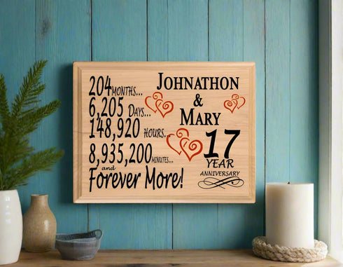 17th Anniversary Gift - Personalized Wood Plaque for Husband, Wife or Couple - 17 Year