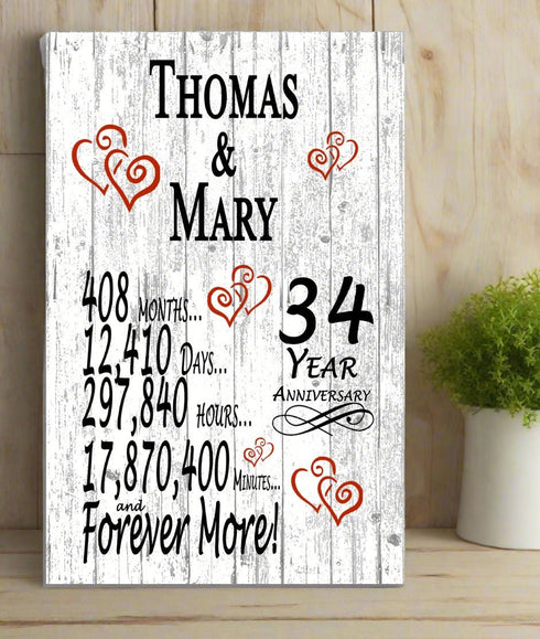 34 Year Anniversary Gift – Personalized 34th Anniversary Plaque with Custom Names