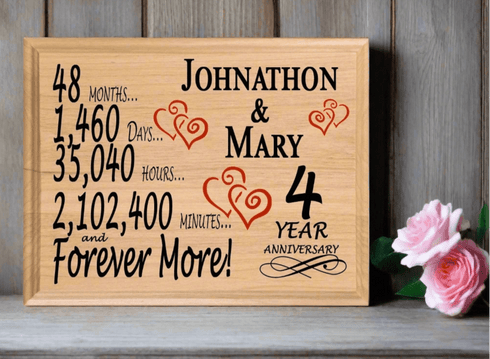 4th Anniversary Gift - Personalized Wood Plaque for Husband, Wife or Couple - 4 Year