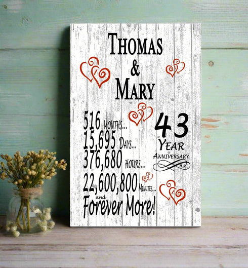43 Year Anniversary Gift – Personalized 43rd Anniversary Plaque with Custom Names