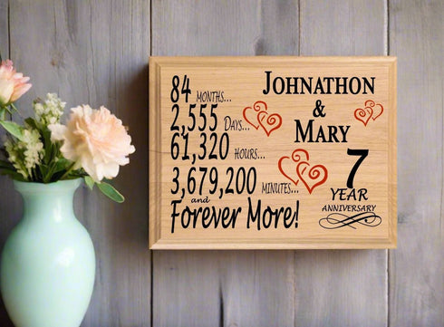 7th Anniversary Gift - Personalized Wood Plaque for Husband, Wife or Couple - 7 Year