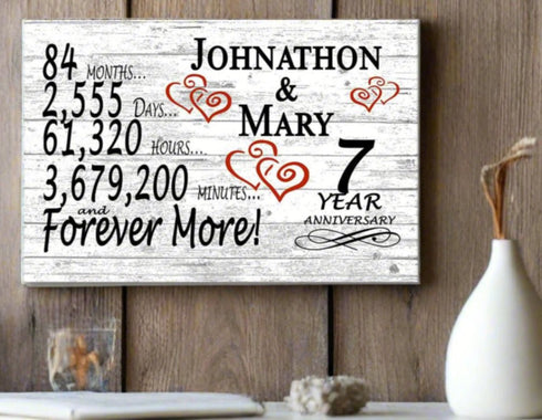 Personalized 7 Year Anniversary Gift Sign – Custom Names | Solid Wood Romantic Countdown Plaque