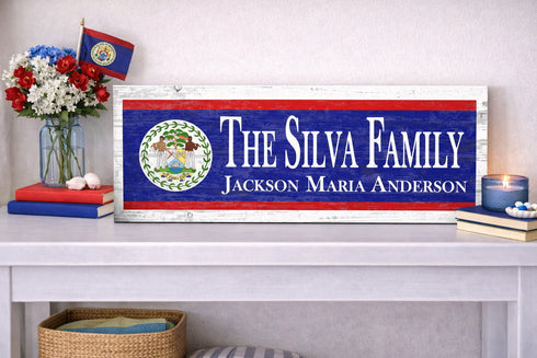 Belize Flag Sign - Personalized Family Name - Custom Wood Belizean Heritage Gift