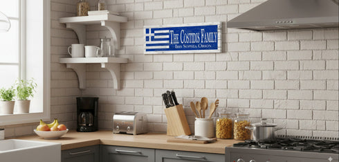 Greek Flag Sign - Personalized Family Name - Custom Wood Greek Heritage Gift