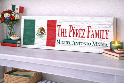 Mexican Flag Sign - Personalized Family Name - Custom Wood Mexican Heritage Gift