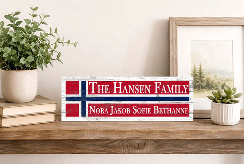 Norwegian Flag Family Name Sign – Personalized Norway Crossbar Plaque with Custom Names