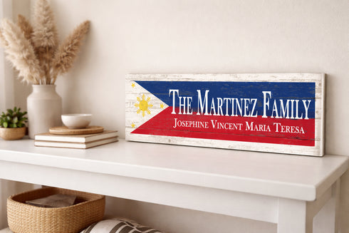 Philippines Flag Sign - Personalized Family Name - Custom Wood Filipino Heritage Gift