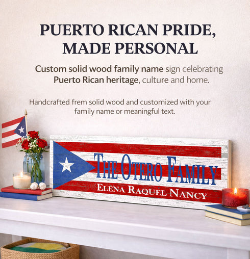 Puerto Rican Flag Sign - Personalized Family Name - Custom Wood Heritage Gift