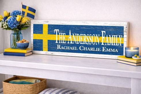 Swedish Flag Sign - Personalized Family Name - Custom Wood Swedish Heritage Gift