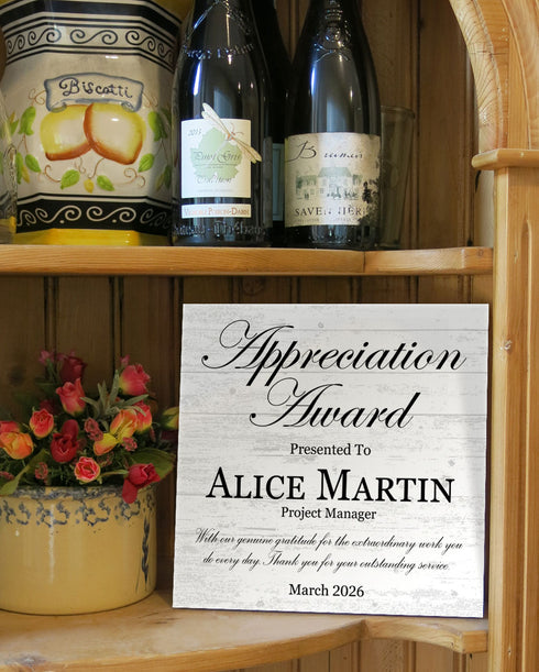 Appreciation Award Plaque – Custom Recognition Gift with Name, Title, Message, & Date