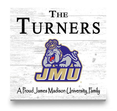 James Madison University Proud Family Sign – Personalized Dukes Family Name Square Wood Plaque – Officially Licensed JMU Decor