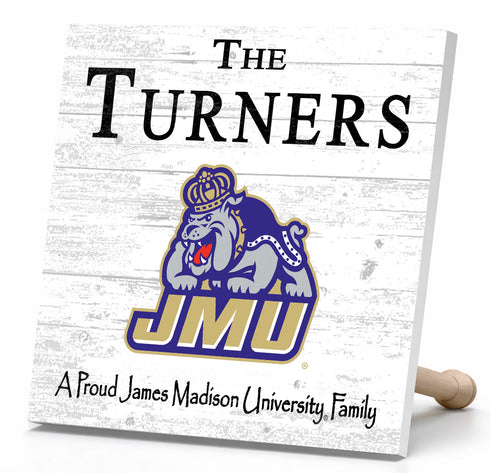 James Madison University Proud Family Sign – Personalized Dukes Family Name Square Wood Plaque – Officially Licensed JMU Decor