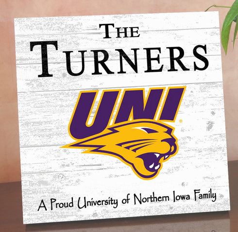 University of Northern Iowa Panthers Proud Family Sign - Personalized Family Name Wood Plaque - Officially Licensed Square Decor