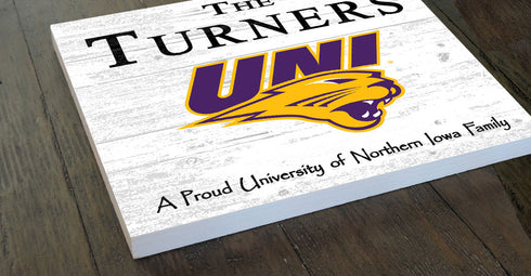 University of Northern Iowa Panthers Proud Family Sign - Personalized Family Name Wood Plaque - Officially Licensed Square Decor