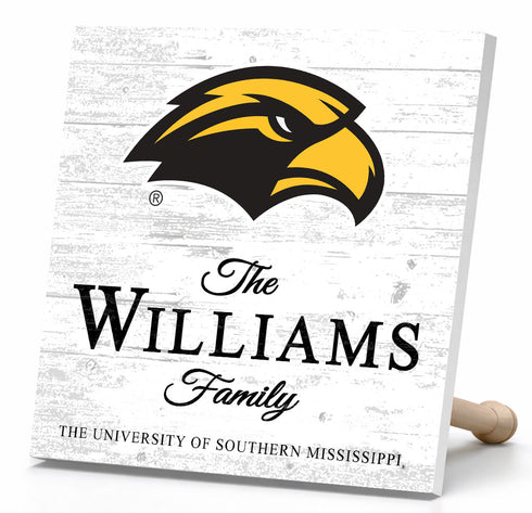 Personalized Southern Miss Golden Eagles Family Name Sign – Custom University of Southern Mississippi Wood Wall Decor – Golden Eagles Gift