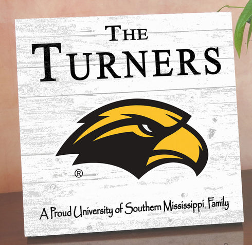 Southern Miss Golden Eagles Proud Family Sign - Personalized Family Name Wood Plaque - Officially Licensed Square Decor