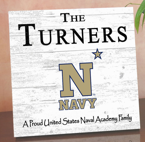 Navy Midshipmen Proud Family Sign - Personalized Family Name Wood Plaque - Officially Licensed Square Decor