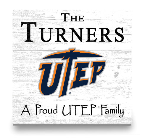 UTEP Miners Proud Family Sign - Personalized Family Name Wood Plaque - Officially Licensed Square Decor