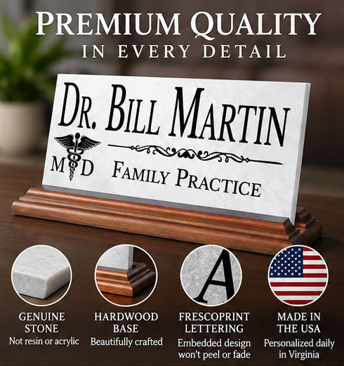 Doctor Desk Nameplate - Personalized Marble Physician Name Plate Gift - Solid Marble