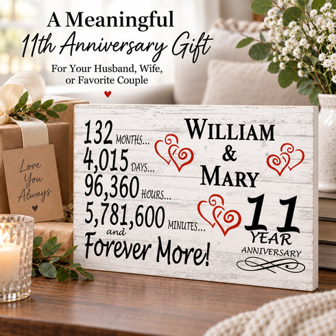 11th Anniversary Gift - Personalized Wood Sign for Husband, Wife or Couple - 11 Year
