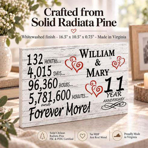 11th Anniversary Gift - Personalized Wood Sign for Husband, Wife or Couple - 11 Year
