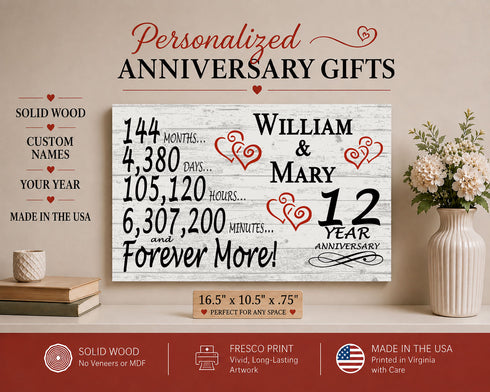 12th Anniversary Gift - Personalized Wood Sign for Husband, Wife or Couple - 12 Year