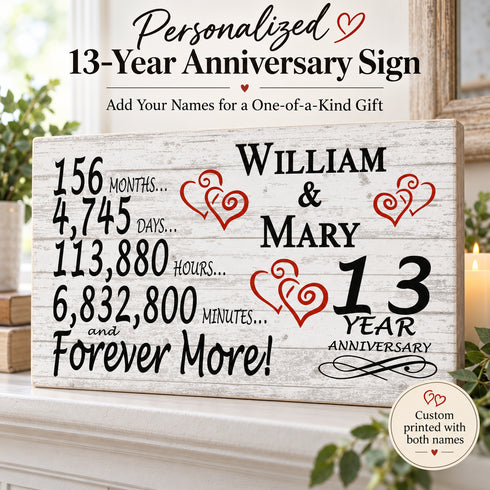 13th Anniversary Gift - Personalized Wood Sign for Husband, Wife or Couple - 13 Year