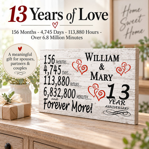 13th Anniversary Gift - Personalized Wood Sign for Husband, Wife or Couple - 13 Year