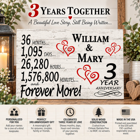 3rd Anniversary Gift - Personalized Wood Sign for Husband, Wife or Couple - 3 Year