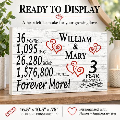 3rd Anniversary Gift - Personalized Wood Sign for Husband, Wife or Couple - 3 Year
