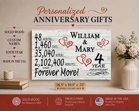 4th Anniversary Gift - Personalized Wood Sign for Husband, Wife or Couple - 4 Year