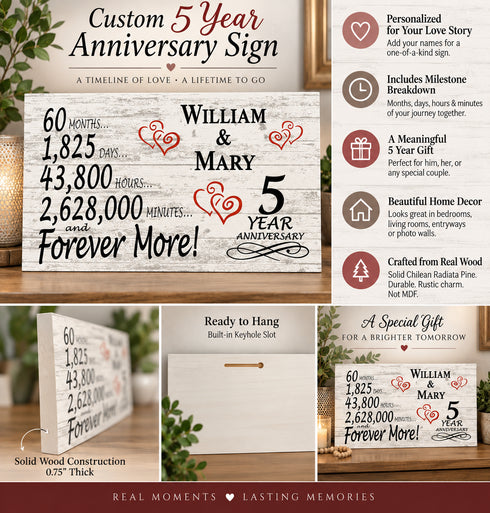 5th Anniversary Gift - Personalized Wood Sign for Husband, Wife or Couple - 5 Year