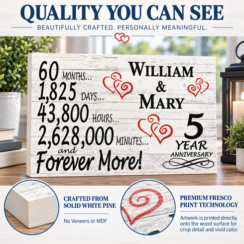 5th Anniversary Gift - Personalized Wood Sign for Husband, Wife or Couple - 5 Year