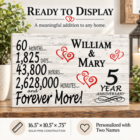 5th Anniversary Gift - Personalized Wood Sign for Husband, Wife or Couple - 5 Year