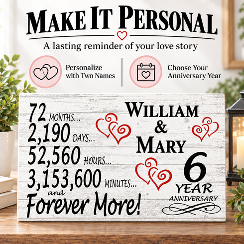 6th Anniversary Gift - Personalized Wood Sign for Husband, Wife or Couple - 6 Year
