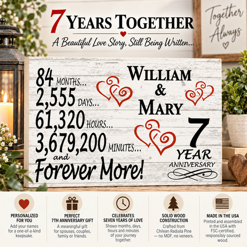 7th Anniversary Gift - Personalized Wood Sign for Husband, Wife or Couple - 7 Year