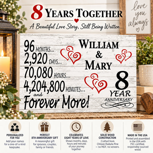 8th Anniversary Gift - Personalized Wood Sign for Husband, Wife or Couple - 8 Year