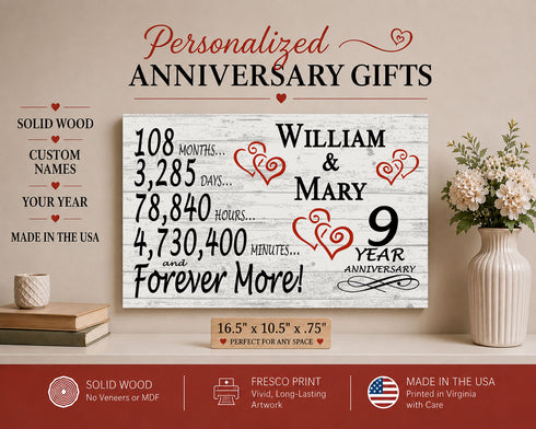 9th Anniversary Gift - Personalized Wood Sign for Husband, Wife or Couple - 9 Year