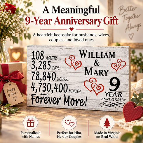 9th Anniversary Gift - Personalized Wood Sign for Husband, Wife or Couple - 9 Year