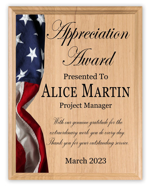Appreciation Award Plaque – Personalized American Flag Recognition Gift With Name & Title