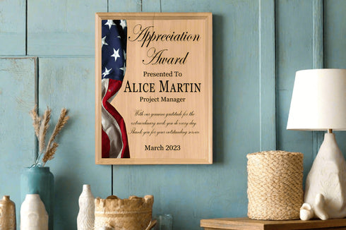 Appreciation Award Plaque – Personalized American Flag Recognition Gift With Name & Title