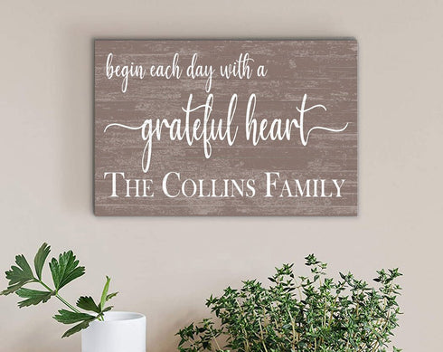 Begin Each Day With A Grateful Heart Family Name Sign