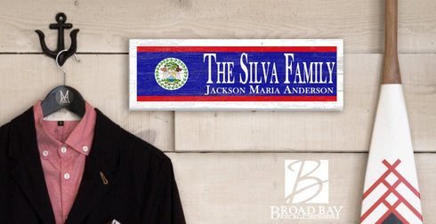 Belize Flag Sign - Personalized Family Name - Custom Wood Belizean Heritage Gift