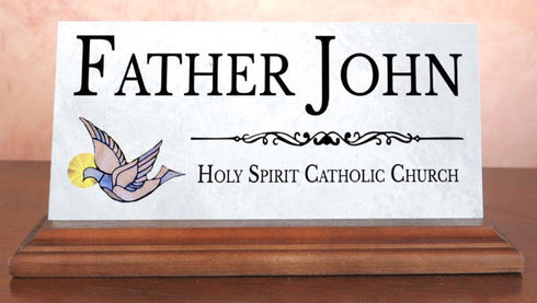 Catholic Desk Nameplate – Custom Marble Gift with Holy Spirit Dove for Priest, Deacon, or Church Staff