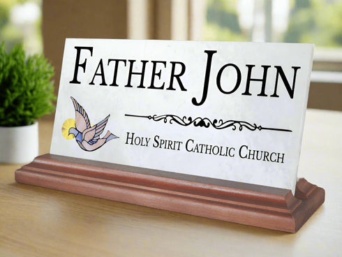 Catholic Desk Nameplate – Custom Marble Gift with Holy Spirit Dove for Priest, Deacon, or Church Staff